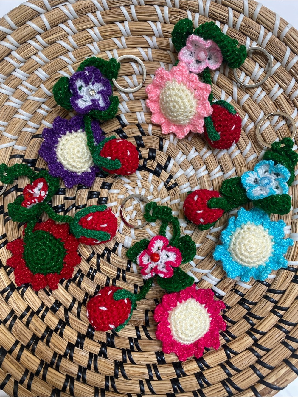 Handmade Crochet Flower & Strawberry Keychain - Choose 1